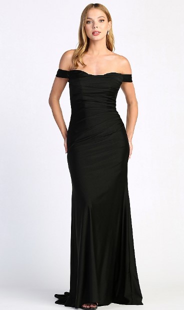 Model wears off-the-shoulder fitted black gown